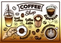 Coffee shop poster with sketch coffee drinks. Iced coffee, americano, espresso, coffee latte, cappuccino