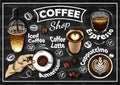 Sketch hand drawn Coffee Shop poster with colorful drinks isolated on chalkboard. Royalty Free Stock Photo