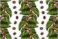 Sketch drawing pattern of coffee tree with roasted brown coffee beans and green leaves isolated on white background Royalty Free Stock Photo