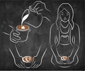 Line art chalk drawing human making a coffee isolated on black background. Barista add milk to espresso