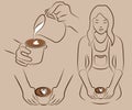 Line art barista making a coffee. Sketch hands holding a cappuccino, drawing cup of coffee, outline latte art, heart shape