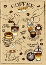 Sketch drawing poster of coffee menu, line art coffee cup, barista, roasted coffee beans. iced drink