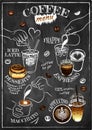Sketch hand drawn template of coffee menu isolated on chalkboard. Line art barista, coffee maker, iced coffee, tea Royalty Free Stock Photo