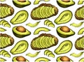 Sketch drawing pattern with avocado toast and green sliced avocado isolated on white background. Outline vegan food wallpaper