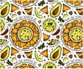 Sketch drawing pattern of colorful avocado slices, guacamole, nachos, corn chips, chili pepper. Mexican food wallpaper Royalty Free Stock Photo