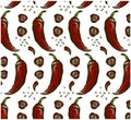 Sketch drawing pattern of mexican red chile pepper with seeds isolated on white background.