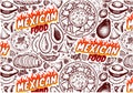 Sketch drawing Mexican Food pattern with nachos, hot chili pepper, guacamole, avocado, salsa sauce, corn chips