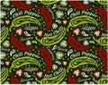 Sketch hand drawn pattern of red and green chili peppers isolated on green background.Spicy, hot mexican food Royalty Free Stock Photo