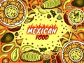 Colorful sketch drawing card of Mexican food, green avocado slice, guacamole, nachos, red hot chili pepper, lemon, cilantro