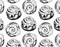 Sketch hand drawn pattern of black cinnamon rolls with icing isolated on white background Royalty Free Stock Photo