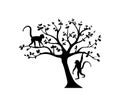 Monkey silhouette hanging on tree, vector