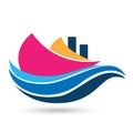 Sea wave globe water wave people ship boat sailing wave globe illustrations icon logo