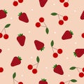 Yummy strawberries, cherries with leaves and white dots on light yellow-pink background. Seamless summer food pattern. Royalty Free Stock Photo