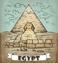 Sketch hand drawn colorful poster of Egypt. Drawing Great Sphinx of Giza, Cairo landscape, Pyramid of Khufu, Cheops, desert