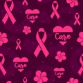 Pink seamless pattern with ribbons, hearts and flowers to raise awareness against breast cancer. Royalty Free Stock Photo