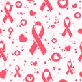 Pink seamless pattern with ribbons and hearts about breast cancer awareness and treatment. Repeat background about support Royalty Free Stock Photo