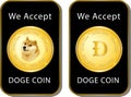 We Accepted Doge coin sign, doge to the moon, shiba inu SHIB, doge meme, for pay in crypto currency trading background. vector e