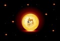 Doge coin on fire red background and stars. soge to the moon. vector eps10 Royalty Free Stock Photo