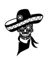 Mexican skull with sombrero, ornament details, black color isolated