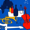 Musical promotional poster with musical instruments colorful vector illustration. Violoncello, piano, trumpet, guitar with bottles