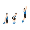 Man doing Floor. Power jumps. Knee to jump squats exercise