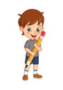 Cartoon cute little boy holding big pencil Royalty Free Stock Photo