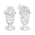 Hand drawn yummy summer food in a glass on white isolated background. Ice cream with different tastes and strawberry slices.