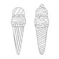 Hand drawn tasty ice-creams in a waffle cone with cherries and topping on white background. Summer food illustration.