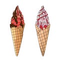 Summer Tasty Hand Drawn Set On White Isolated Background. Ice Creams In Waffle Cone With Chocolate, Strawberry Topping.