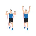 Man doing Resistance band standing shoulder press.