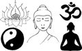 Buddhist symbols. Meditating Buddha, Lotus, Yin Yang symbol, Om symbol