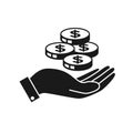 Hand icon holding coins. Payment icon. Investment icon.