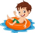 Cartoon little boy floating with inflatable ring Royalty Free Stock Photo