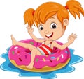 Cartoon little girl floating with inflatable ring Royalty Free Stock Photo