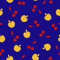 Flat red cherry and yellow apple with little leaves on bright blue background. Seamless fruit summer pattern. Royalty Free Stock Photo