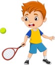 Cartoon little boy playing tennis Royalty Free Stock Photo