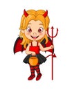 Cartoon little girl wearing halloween devil costume holding pitchfork Royalty Free Stock Photo