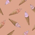 Bright hand drawn ice creams with fruit tasties on calm pink-orange background. Seamless doodle summer food pattern.