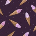 Hand drawn delicious ice creams in a waffle cone with light pink dots on dark purple background. Seamless tasty summer pattern Royalty Free Stock Photo