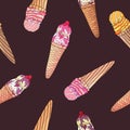 Hand drawn yummy ice cream in a waffle cone with fruit tastes on calm chocolate background. Summer seamless doodle food pattern. Royalty Free Stock Photo