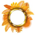 Round golden banner with text space of Turn yellow Tropical Leaves. Suitable for nature concept, vacation, and autumn