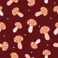 Flat pink mushrooms, white dots on dark red background. Seamless autumn doodle pattern.