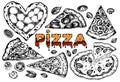 Sketch drawing set of italian pizza Margherita, Marinara, pepperoni, tomato, mozzarella, mushroom, basil, seafood, cheese Royalty Free Stock Photo