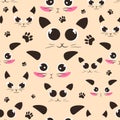 Kawaii seamless pattern with cat heads with different expressions. Repeat background with domestic animals faces and paws.