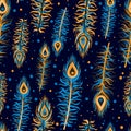 Turquoise and golden yellow colors with cold effect. Winter seamless pattern with bohemian and hippie peacock feathers.