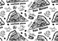 Sketch drawing pattern of Marinara pizza on white background. Hand drawn seafood, shrimp, mussels, calamari, shellfish, olives Royalty Free Stock Photo