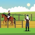 Set. Equestrian sports, horse riding. Woman jockey on a gray horse with apples Royalty Free Stock Photo