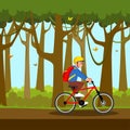 Happy cute kid boy riding bike smile. flat vector Royalty Free Stock Photo