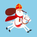 Cute Sinterklaas or Saint Nicholas jumping with his horse Amerigo - vector illustration