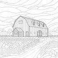 A large wooden barn with windows and an extension, fence, a plowed field, yard and plants. Rural architectural illustration.